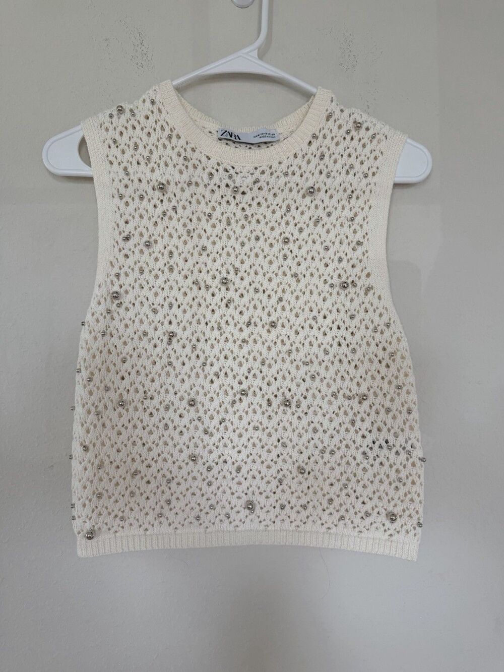 Zara Pearl Embellished Crotchet Knit Tank Top M Coquette Boho Coastal Grandma